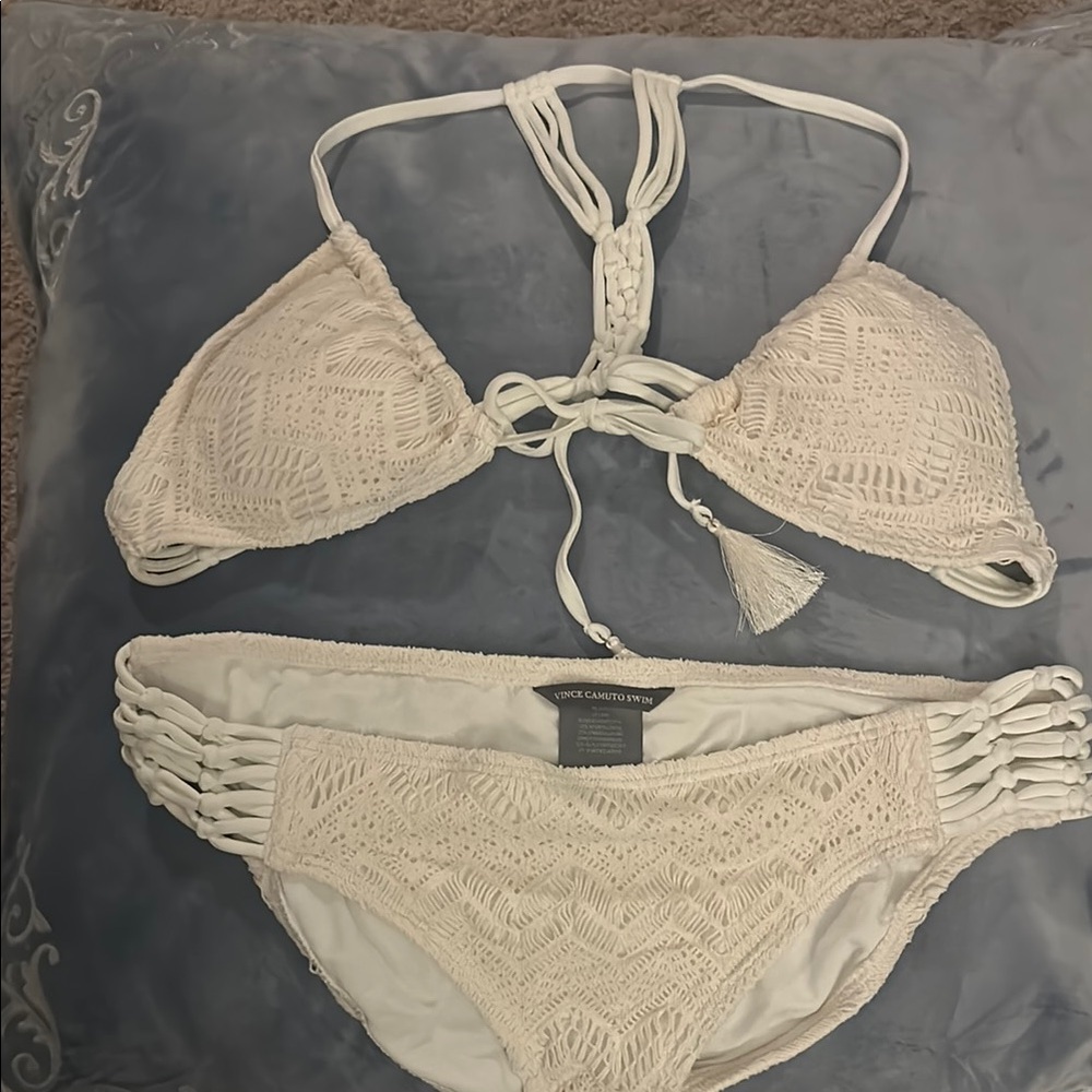 Vince Camuto Cream Textured Bikini with Macramé Details